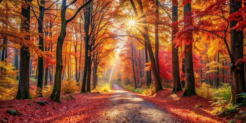 Fototapeta premium A Winding Path Through a Forest of Autumnal Hues, Where Sunbeams Pierce the Canopy, Illuminating the Vibrant Foliage and Casting Long Shadows on the Ground