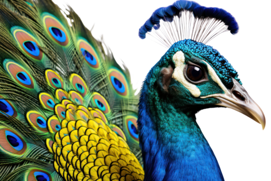 A close-up of a peacock head and upper body, capturing the detailed textures and vivid colors of its feathers. The peacock is set against a stark white background,