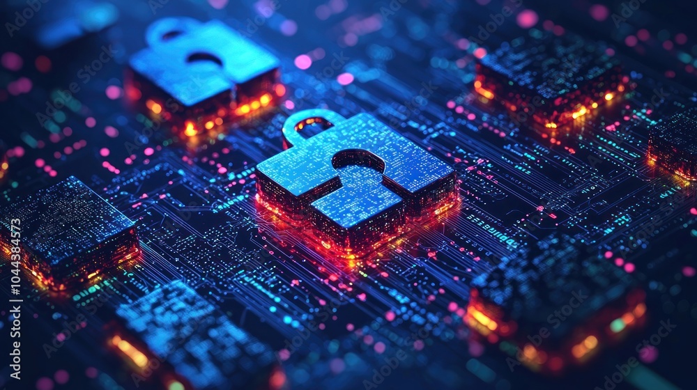 Poster glowing cyber security lock icons on circuit board