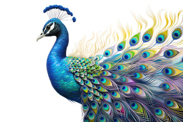Fototapeta premium A majestic peacock in profile, with its iridescent tail feathers elegantly displayed. The bird is centered against a clean white backdrop