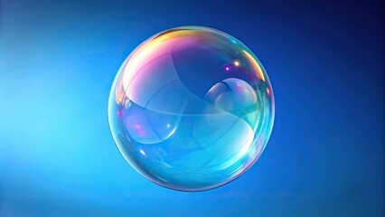 Realistic soap bubble or bubble gum isolated on blue background at a tilted angle