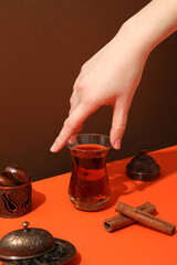 Hot Turkish tea in a transparent glass
