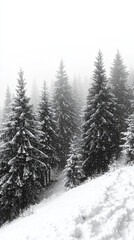 Obraz premium Majestic snow covered pine trees stand tall in serene winter landscape, enveloped in soft blanket of snow. tranquil atmosphere evokes sense of peace and wonder