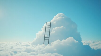 A ladder ascending into a fluffy cloud against a bright blue sky, symbolizing aspiration.