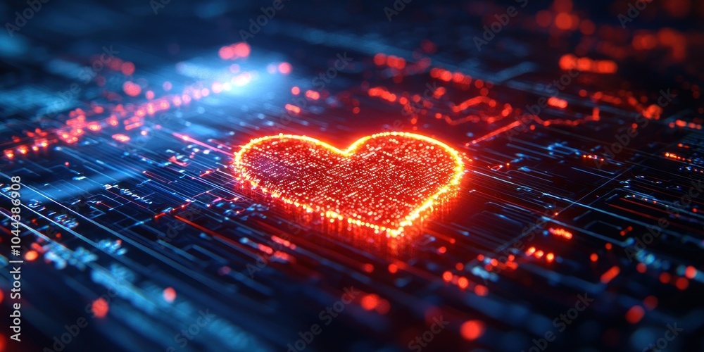 Poster a glowing red heart shape on a digital circuit board