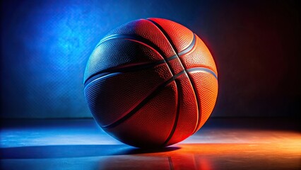 Obraz premium Red and black basketball on orange and blue lighting background with particles