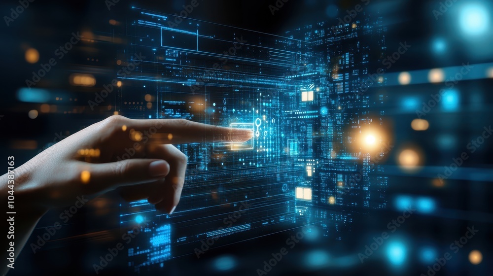 Poster digital interface with hand interaction in tech background