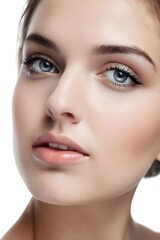 Fototapeta premium Close-up of gorgeous pretty beautiful young woman with professional make-up style and beautiful blue eyes 