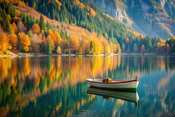 Obraz premium Serene autumn scene with fishing boat on a mountain lake