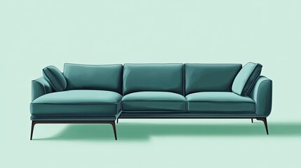Fototapeta premium Teal Sectional Sofa with Wooden Legs on a Light Green Background