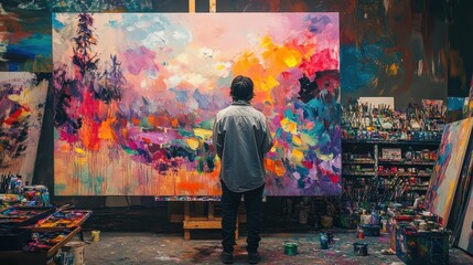 Painter in Studio with Colorful Abstract Artwork