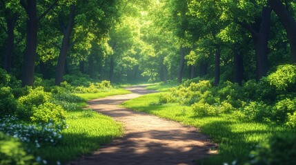 Fototapeta premium Enjoying a serene nature walk through a wooded forest. Featuring a winding trail and lush greenery. Emphasizing relaxation and outdoor activity. Ideal for nature and wellness content.