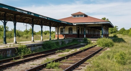 Obraz premium Abandoned train station with overgrown tracks and peeling paint background remnants of travel and exploration buried under years of neglect