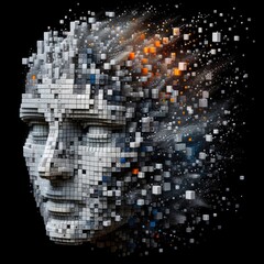 Obraz premium Fragmented Digital Human Face Composed of Cubic Blocks and Pixels: Abstract Representation of Machine Learning, AI Integration, Neural Networks, and the Evolution of Digital Cognition
