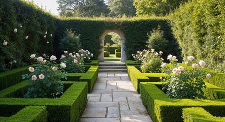 Fototapeta premium Classic English garden with hedges roses and stone pathways background timeless elegance showcasing the artistry of landscape design