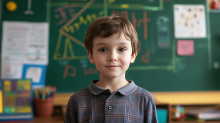 A young boy with neat hair stands in front of a blackboard, with a green chalkboard in the background, filled with colorful mathematical formulas