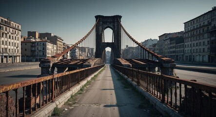 Fototapeta premium Crumbling bridges with rusted railings overlooking empty streets background forgotten connections revealing the passage of time in the city