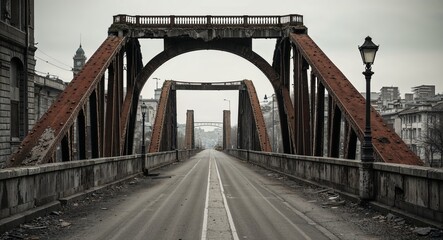 Obraz premium Crumbling bridges with rusted railings overlooking empty streets background forgotten connections revealing the passage of time in the city