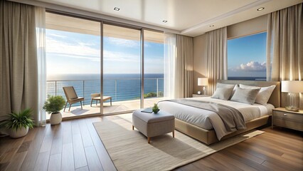 Fototapeta premium Serene beachfront bedroom with neutral color palette, flowing curtains, private balcony overlooking ocean
