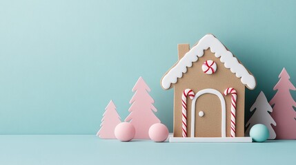 Gingerbread house decoration with pink trees and festive colors on a pastel background.