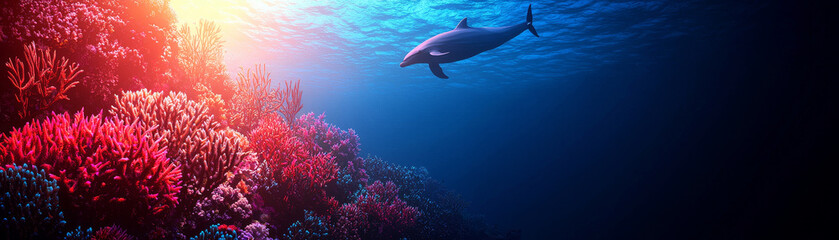 Obraz premium vibrant underwater scene featuring dolphin swimming gracefully among colorful coral reefs. sunlight filters through water, creating serene and enchanting atmosphere