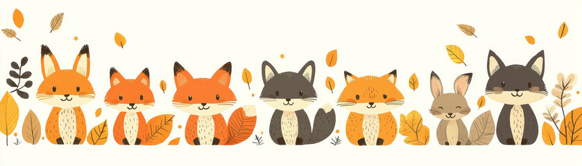 Fototapeta premium Cute and playful animal border featuring hand drawn foxes and bunny surrounded by autumn leaves, perfect for seasonal decorations or childrens designs