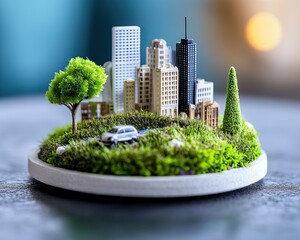 Miniature cityscape with green landscape and tree, showcasing urban architecture on circular base.