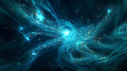 Bioluminescent tendrils extending from the being connecting with distant stars creating a web of energy