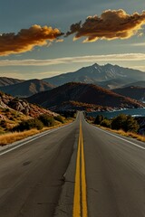 Naklejka premium a long road with a yellow line in the middle, hill forest ocean inside the road