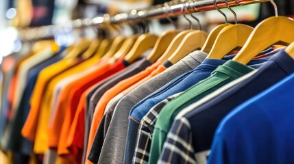 Fototapeta premium Colorful Display of Casual T-Shirts on Hangers