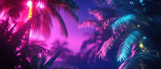 Vibrant tropical scene with neon lights illuminating palm trees and a dreamy atmosphere.