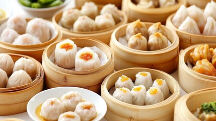 Assorted Dumplings with Garnishes in Bamboo Baskets