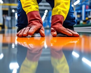 Worker inspecting a glossy floor with protective gloves in a modern factory setting.