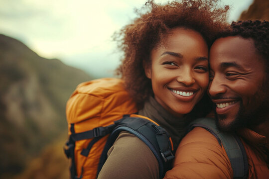 A couple is smiling and hugging while wearing backpacks