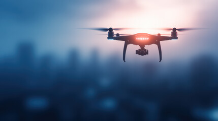Naklejka premium drone hovers in sky, capturing stunning aerial views of cityscape. futuristic design and glowing lights create captivating scene, showcasing technology in action