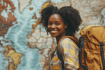 A smiling woman with a backpack is standing in front of a map