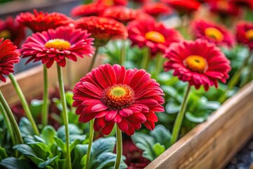 Red daisies in a flower box for planting on a garden bed