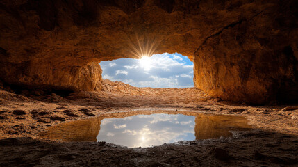 stunning view of sunlight streaming through cave opening, illuminating rocky interior and reflecting in small pool of water. scene captures beauty of nature and tranquility of cave environment