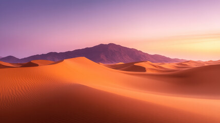 Fototapeta premium stunning desert landscape featuring rolling sand dunes under soft purple sky, with distant mountains creating serene and tranquil atmosphere
