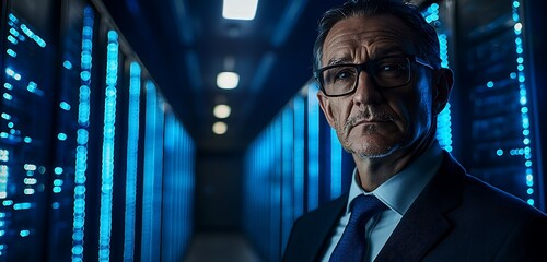 Blue-light illuminated portrait of an experienced IT professional in a data center.