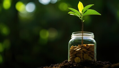 A sprouting plant in a jar filled with coins symbolizes growth and investment.