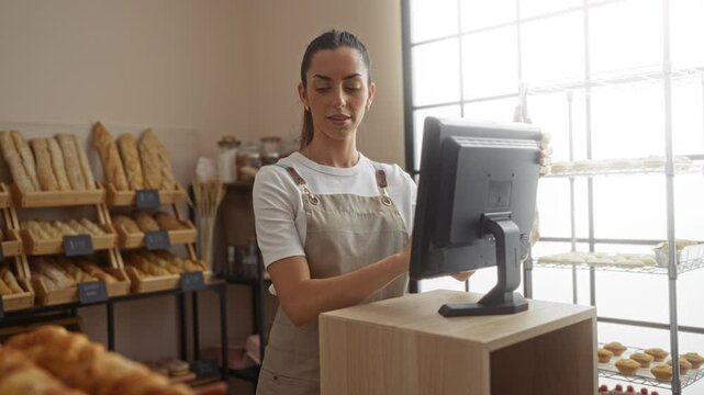 Young woman working at a bakery using a point-of-sale system inside an indoor shop with shelves of bread in the background