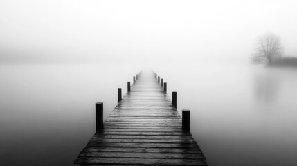 Obraz premium serene wooden pier extends into foggy lake, creating tranquil and mysterious atmosphere. stillness of water reflects muted surroundings, enhancing sense of calm