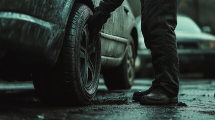 Man inspecting tire