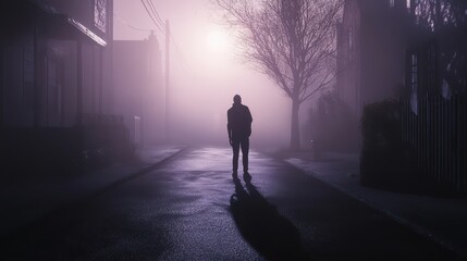 A solitary figure walks down a foggy street, enveloped in mist and shadow, creating an eerie and atmospheric scene.