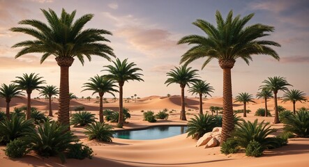 Fototapeta premium Hidden oasis surrounded by lush palm trees in the midst of the desert background refreshing sight offering a glimpse of life amid arid surroundings