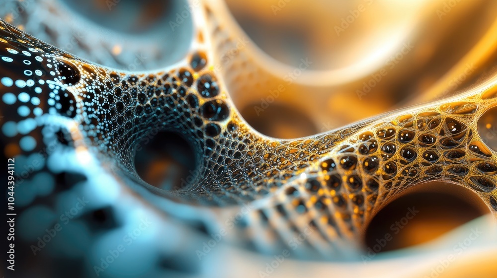 Wall mural abstract macro photography of a golden, web-like structure with circular openings