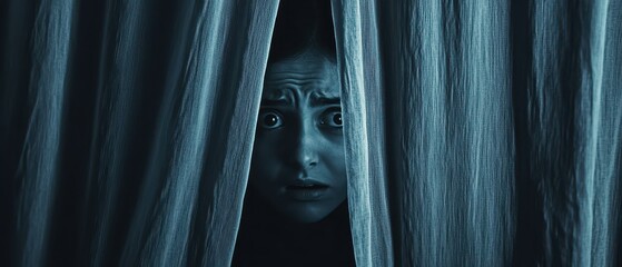 A woman peeks through curtains, her face reflecting fear and curiosity in a dark, atmospheric setting.