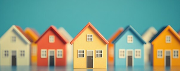 Fototapeta premium Colorful miniature houses arranged on a reflective surface with a blue background.