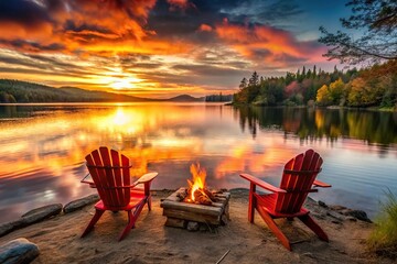 Fototapeta premium Serene campfire scene by the lake with red Adirondack chairs at sunset
